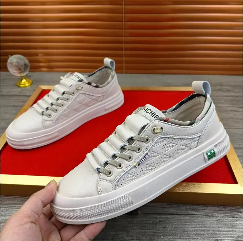 

New Shoes for Men Genuine Leather Casual Shoes Spring Fashion Stitch Beige Flat Skateboard Shoes Comfortable Sneakers