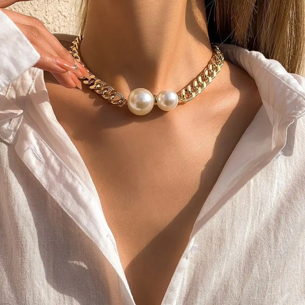

Vintage Punk Cuban Chains Necklace Women Gothic Round Pearl Pendant Necklace Girl Choker Fashion Jewelry