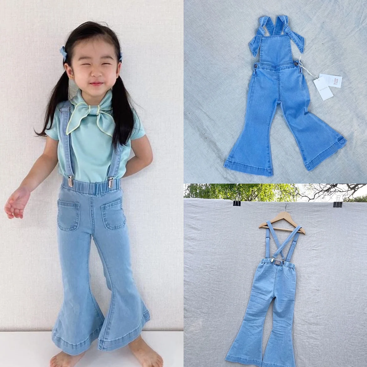 

Дженни и Дэйв 2023 Весна и лето детская одежда в стиле ретро для девочек эластичные длинные ноги универсальные светло-голубые джинсовые подтяжки