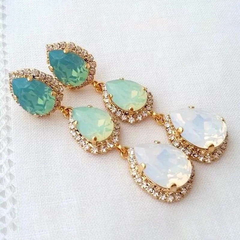 

Luxury Water Droplet Inlaid Green Blue Zircon Earrings Women Fashion Gold Color Long Tassels Dangle Earrings Jewelry
