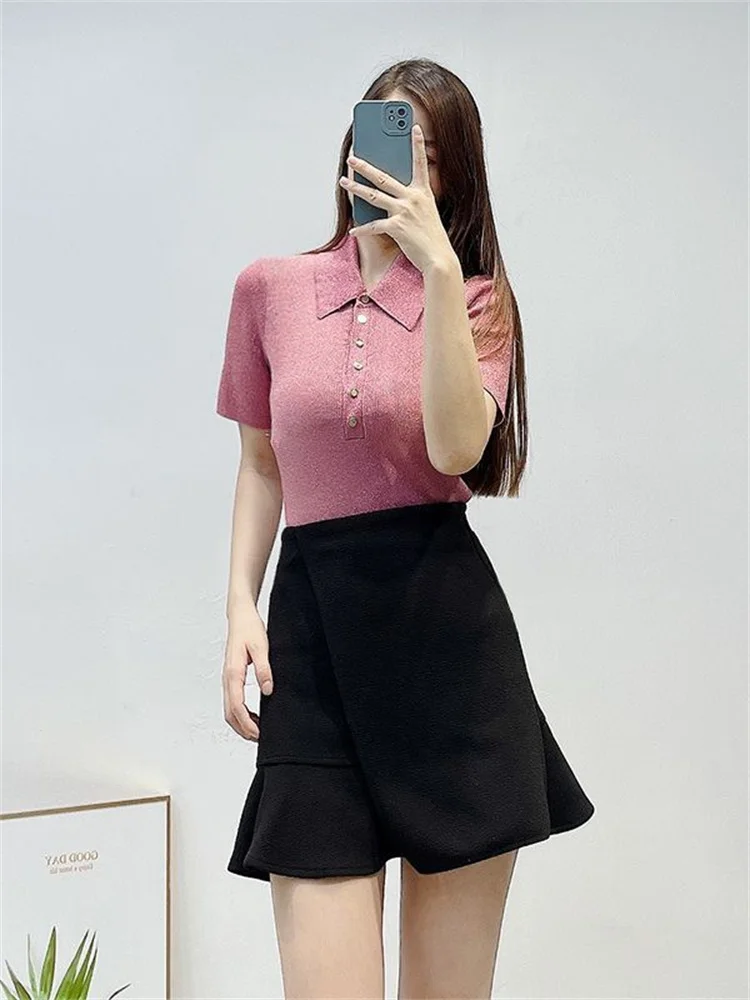 

Women's Elegant Pink Short-Sleeved Knitwear Top Spring New Ladies Turn-Down Collar with Buttons Slim Commuter Knitted Sweater