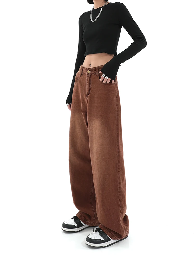 

2022 Autumn New Women Coffee Jeans High Waist Loose Straight Wide Leg Denim Female Y2k Casual Streetwear Vintage Baggy Trouser