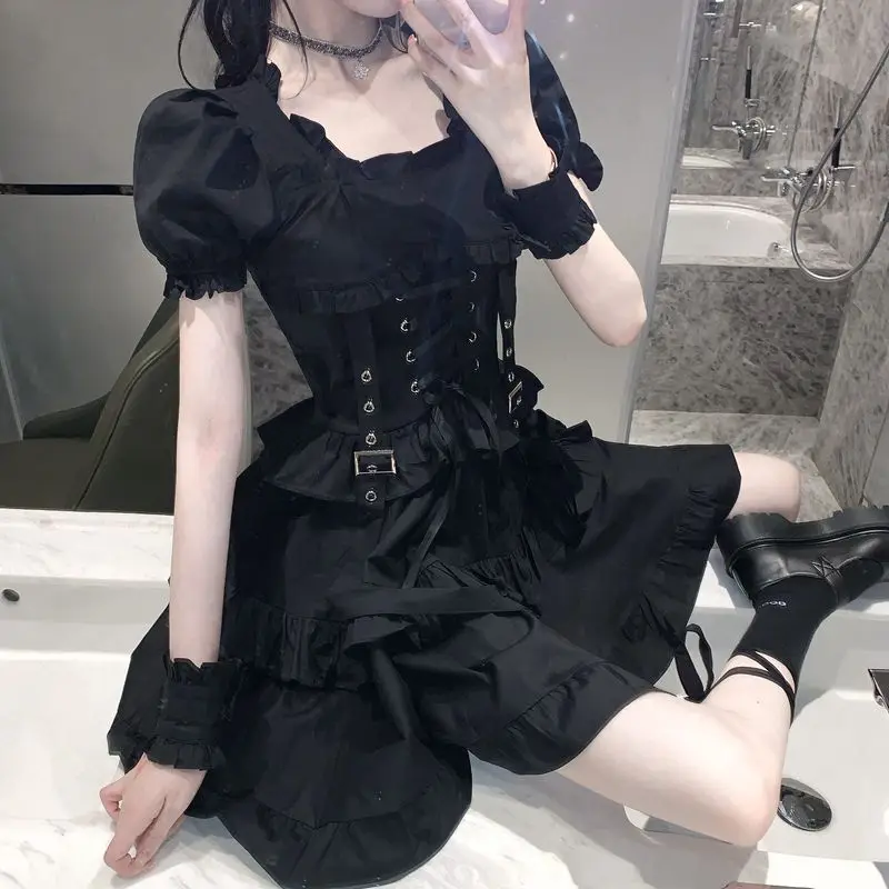 

Black Gothic Lolita Dress Cosplay Woman High Waist Maid Dress Puff Sleeve Vintage Bandage Kawaii Women Summer Party New Style