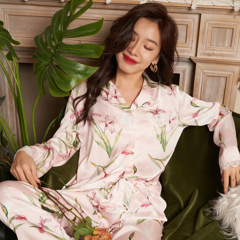 Women's 2 Piece Pajamas Sets Lapel Flower Pijama Ice Silk Female Pyjama Sleepwear Long Sleeve Shirt Pants Homewear Loungewear