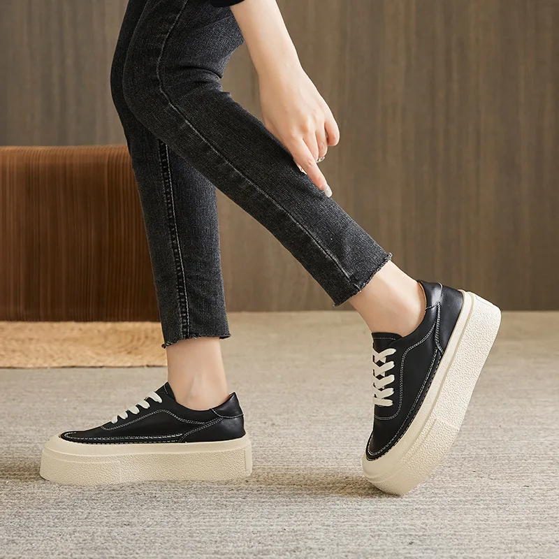 Women's Genuine Leather 2023 Spring Sneakers New Casual Lace-up Women's Sneakers Shoes Platform Board Shoes Women