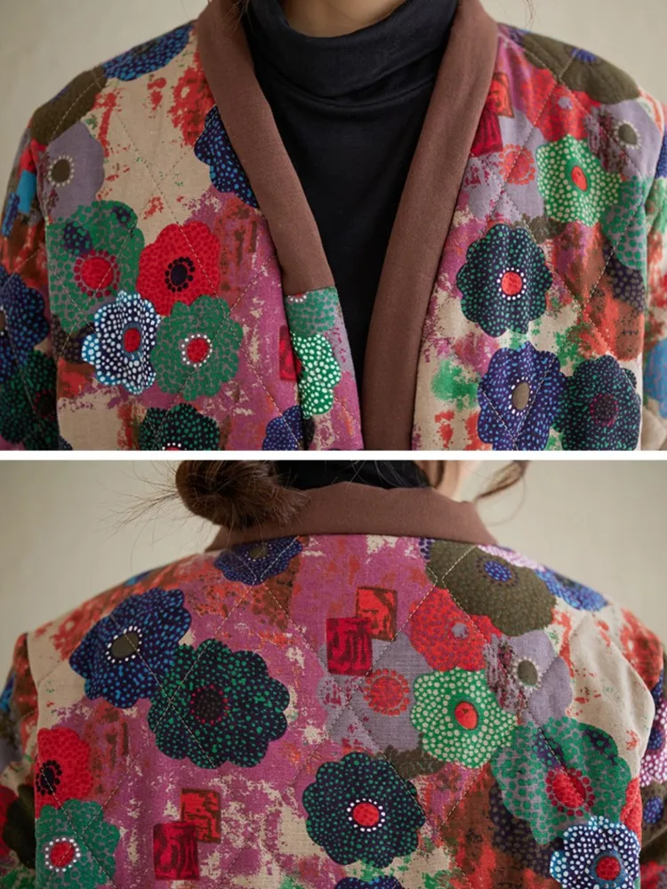 Зимнее пальто с цветочным принтом женское большого размера длинным рукавом