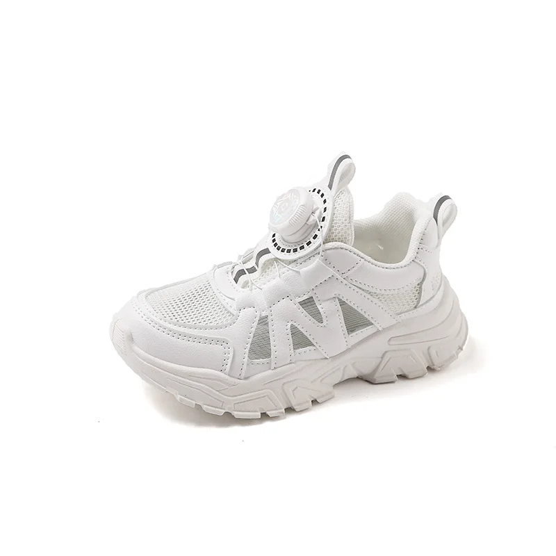 

2023 Fashion Summer Breathable Hollow Kids Sports Sneakers Mesh White Casual Shoes For Boys Girls Rotating Buckle School Shoes