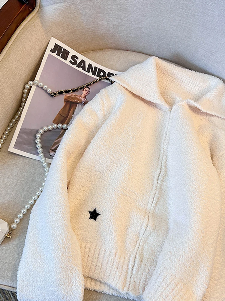 Женский белый кардиган свитер Harajuku Y2k плюшевые пальто с длинными рукавами