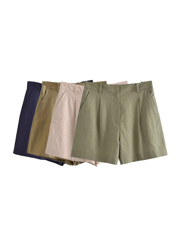 TRAF Women Fashion Side Pockets Front Darts Linen Shorts Vintage High Waist Zipper Fly Female Casual Clothes Short Pants Mujer