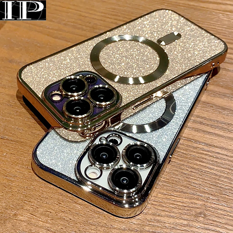 

With Lens Protector Electroplate Phone Case For iPhone 15 14 13 12 11 Pro Max For Magsafe Wireless Charge Bumper Glitter Cover