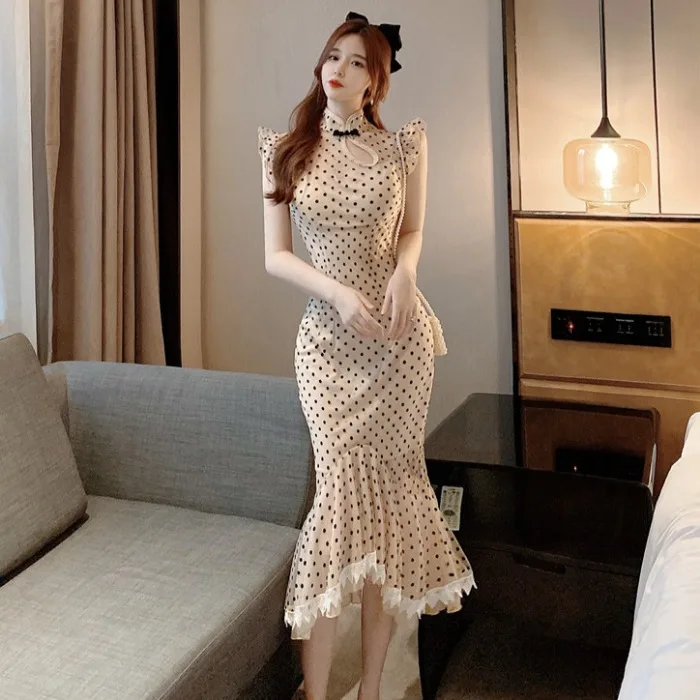 

2022 Women's New Summer Temperament All-match Fashion Sexy Floral Polka Dot Self-cultivation Improved Cheongsam Dress