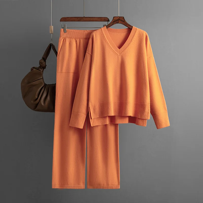 

Women's Solid Color Knitted Trousers Suit V-neck Sweater Autumn and Winter Loose Casual Sweater Pullover Female Wide Leg Pants