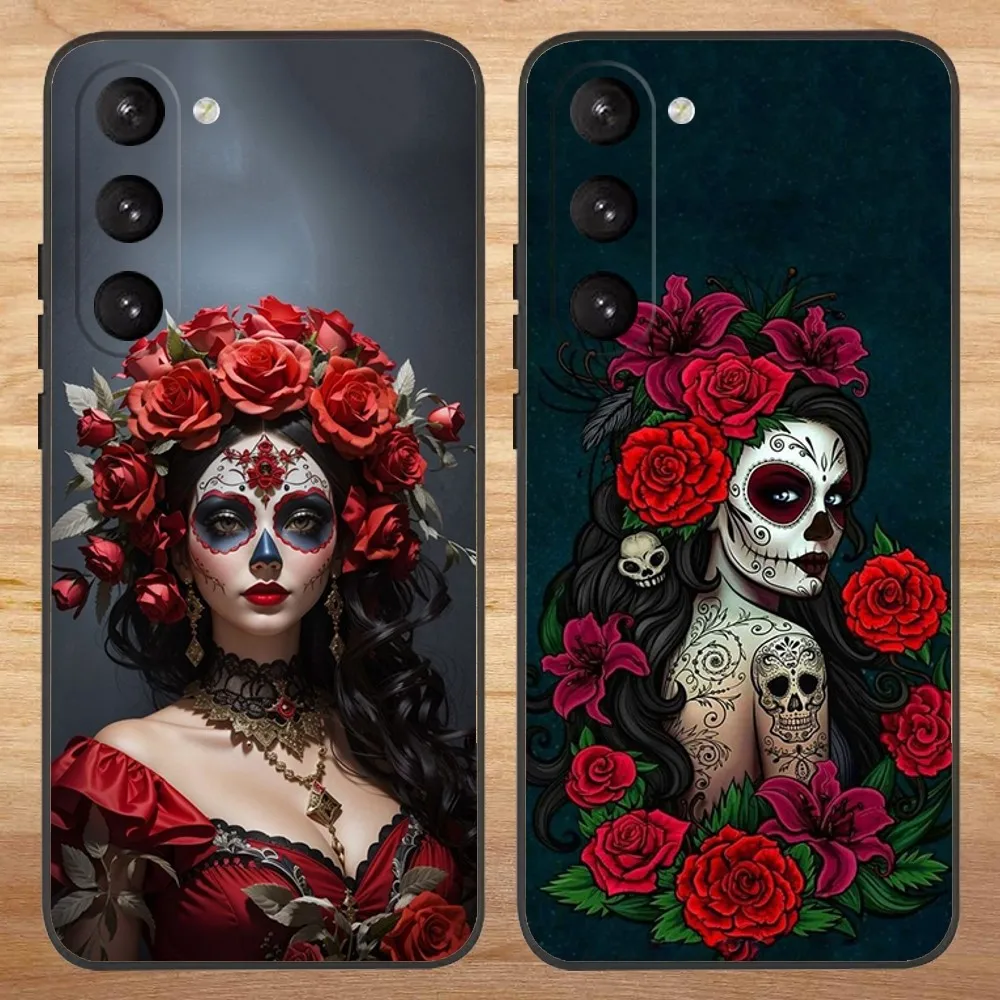 Чехол для телефона Mexican Catrina Skull Girl Samsung S23 22 30 21 10 9 Note20 Ultra Lite 5G Plus FE черный мягкий