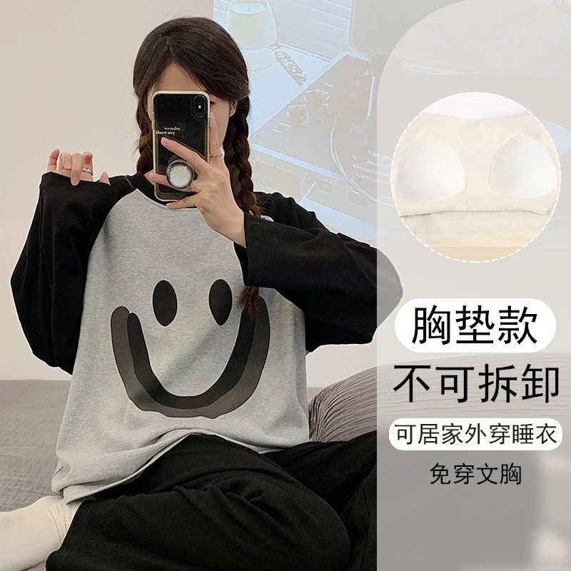 Spring and Autumn New Women Smiley Pajamas Long sleeve Trousers Set two piece Plus size Internet Red Sle Casual Home Wear