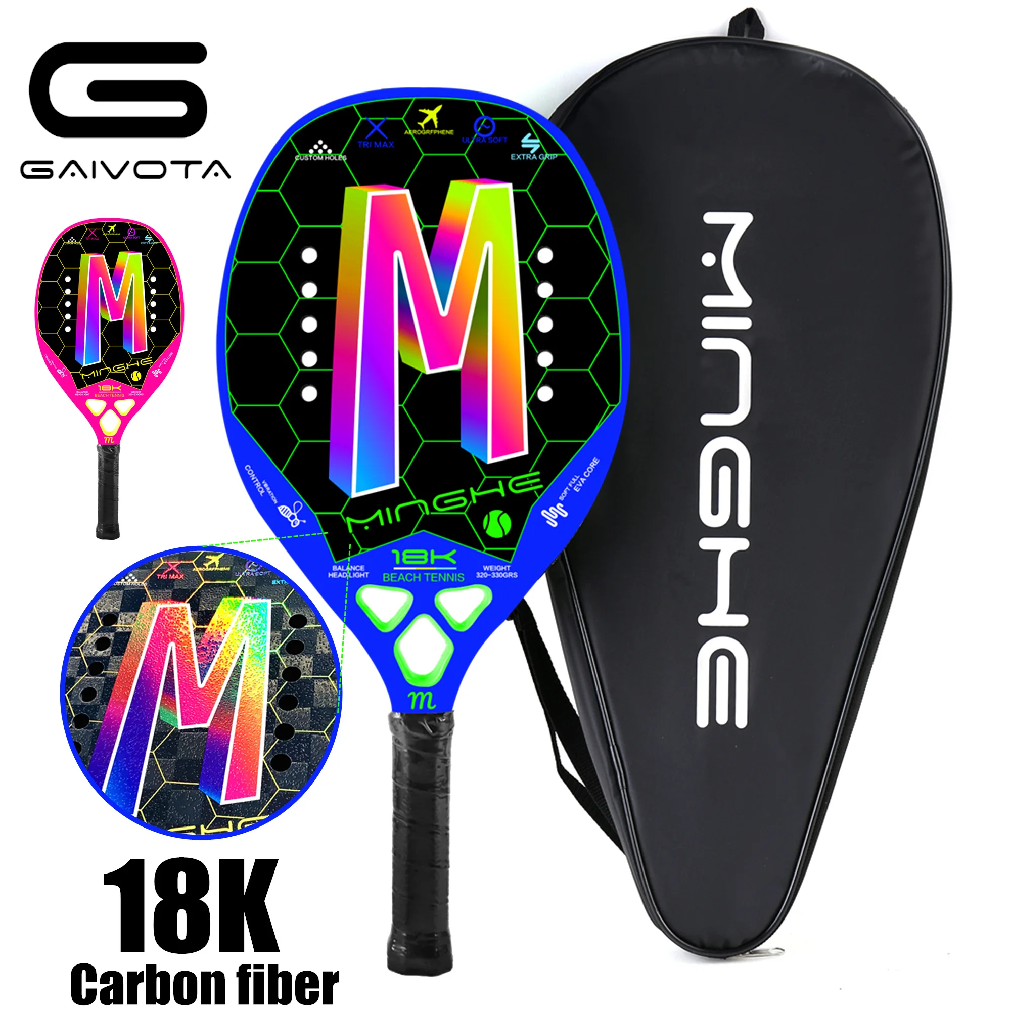 MINGHE 18K carbon fiber beach racket with 3D color printing and hot stamping technology is specially designed for sports