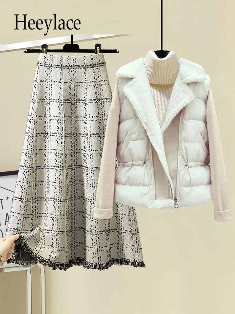 

Fall Winter Warm Sets For Womens Outfits Ladies Elegant Turtleneck Knitted Sweater+woolen Vest+plaid Skirts Three Pieces Sets