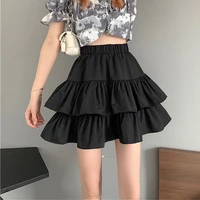 preppy style high waist solid pleated mini skirt women spring summer black cake skirt french puffy a line skirt for girl