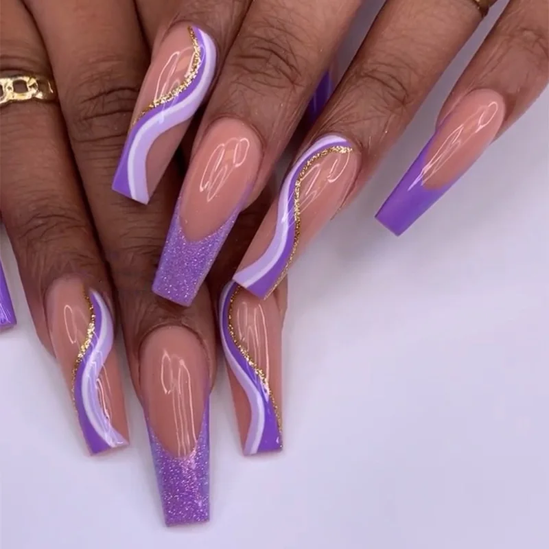 

24Pcs/Set Purple Glitter Wearing Manicure French Ballerina Press On Nails Fake Geometric Lines Nail Art Patches False Nails Tips