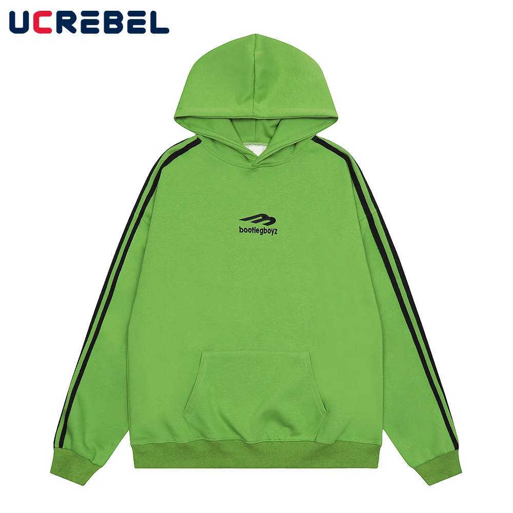 

Letter Embroidery Hooded Sweatshirts Mens Autumn Casual Streetwear Side Webbing Long Sleeve Sports Pullover