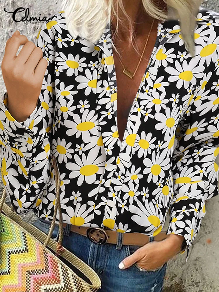 

Повседневный Свободный пуловер Celmia с отложным воротником, женская рубашка с длинным рукавом и принтом Dasy, модные рубашки для отдыха