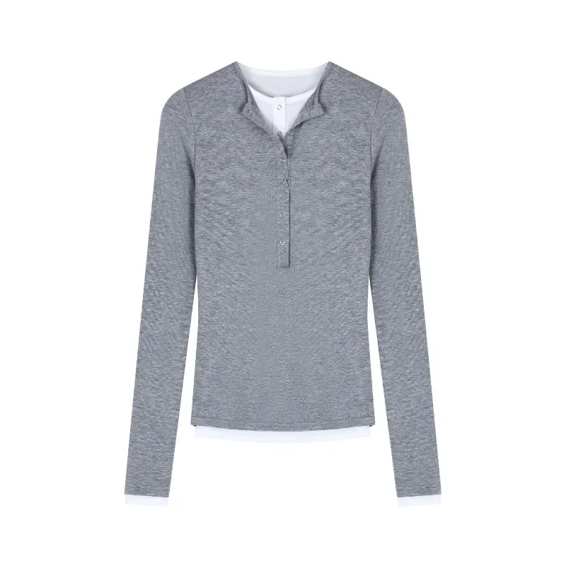 Two-Piece Illusion Blocking Color Long Sleeve T-Shirt Women's Autumn Slimming Base Layer Top Elegant Versatile Korean Style |