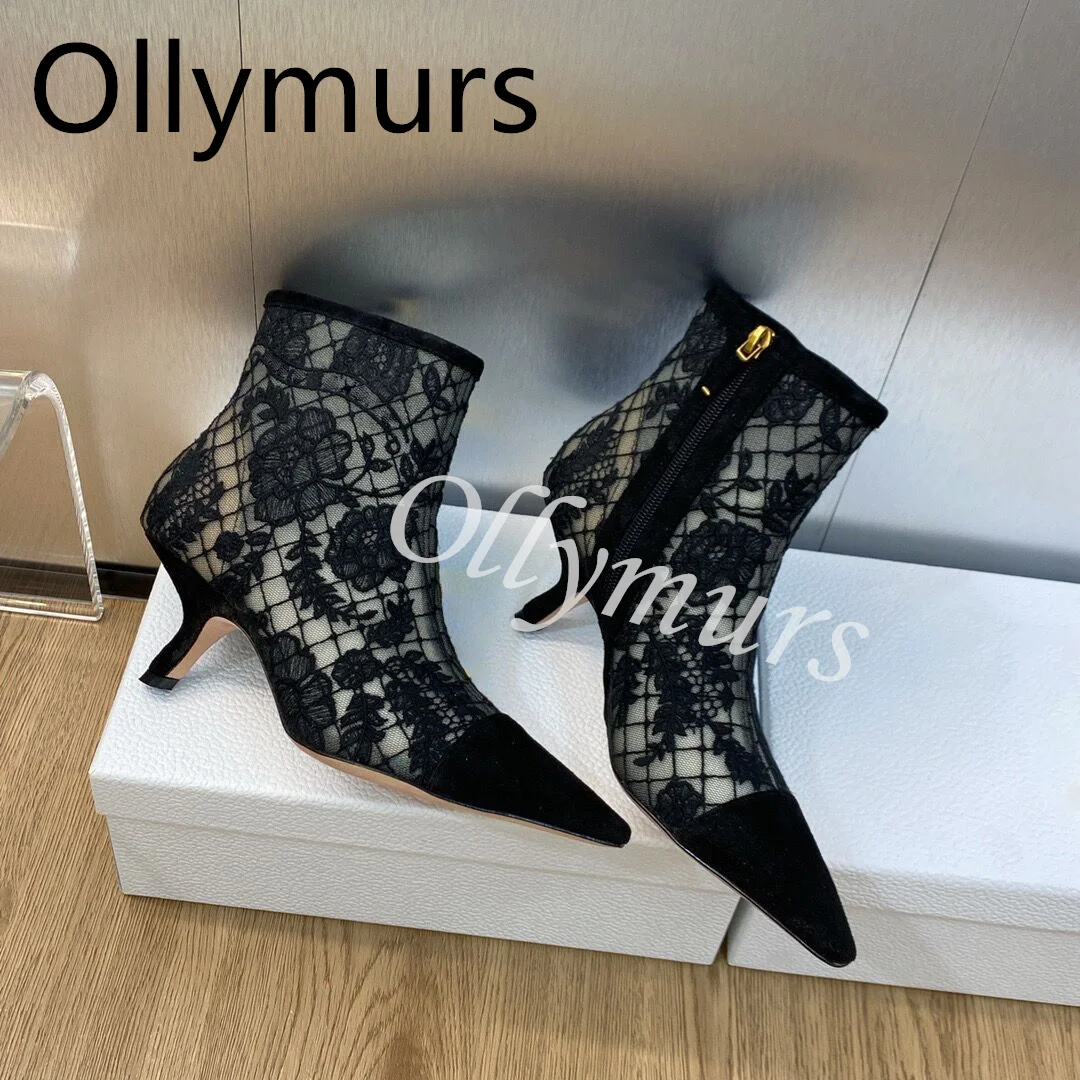 

New Sexy Black Laces Embroidery Kitten Heels Pointed Toe Ankle Boots Zip Side Brand Designer Shoes Women