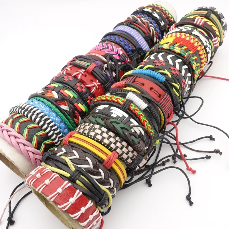 50 шт. разноцветные кожаные браслеты-манжеты для мужчин и женщин