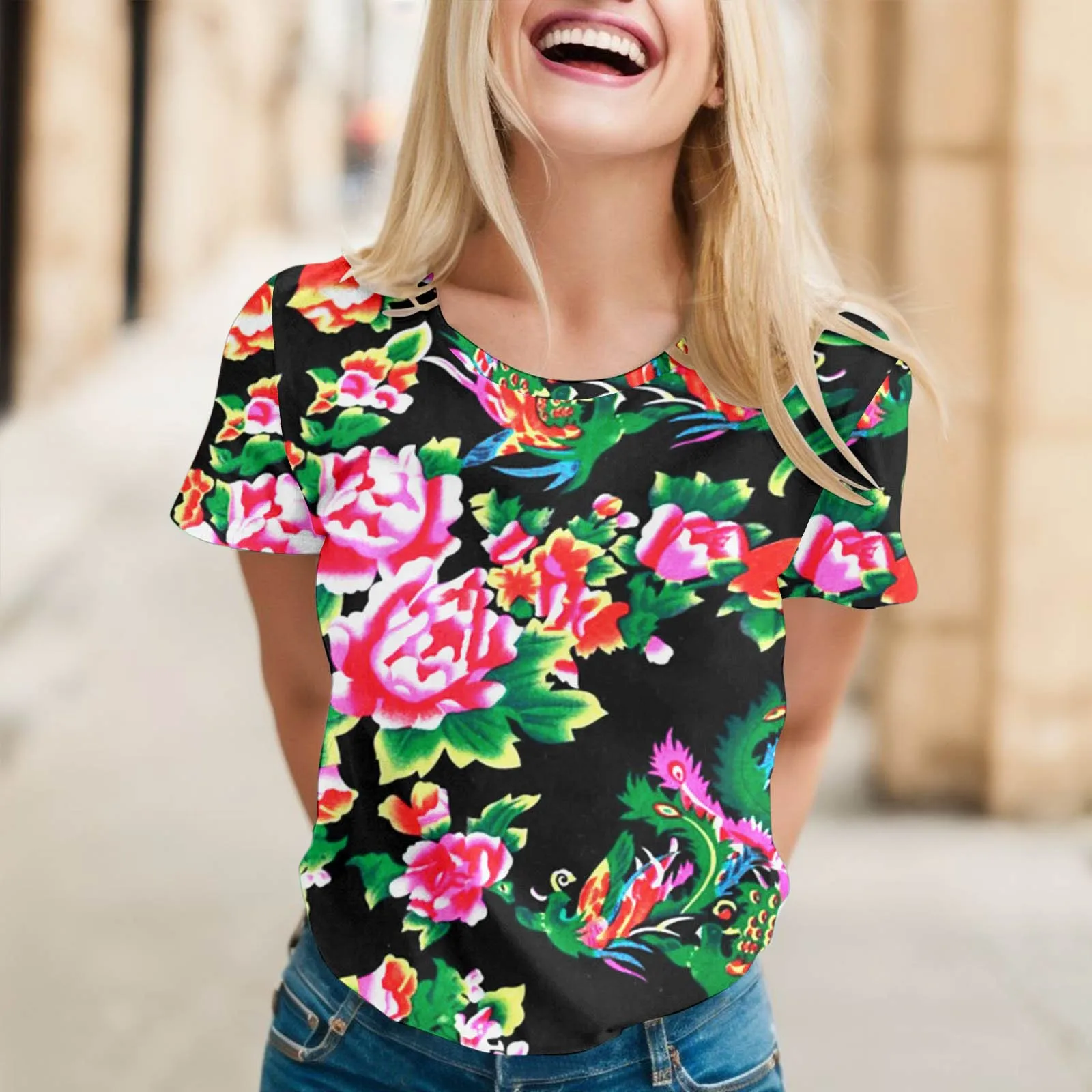 

Dongbei Big Flower Printed Women T Shirts Comfortable Summer Tee Shirt All-Match Streetwear Loose Tops Short Sleeve For Female