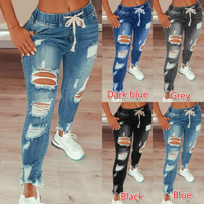 

2022 New Fashing Drawstring Denim Jeans For Women Ripped Hole Stretch Jean Ladies Y2K Full Length Pencil Pants 5XL