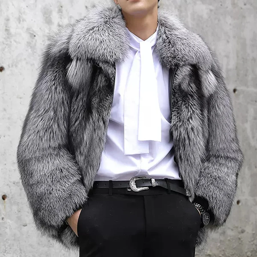 

Мужская шуба из натурального меха черно-бурой лисы, модная теплая шуба из натурального Лисьего меха