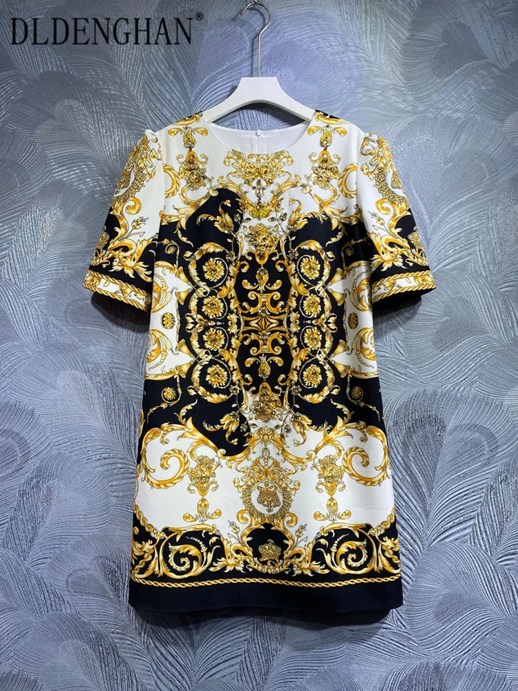 DLDENGHAN Spring Summer Dress Women O-Neck Short Sleeve  Crystal Diamonds Vintage Print Mini Dresses Fashion Runway New