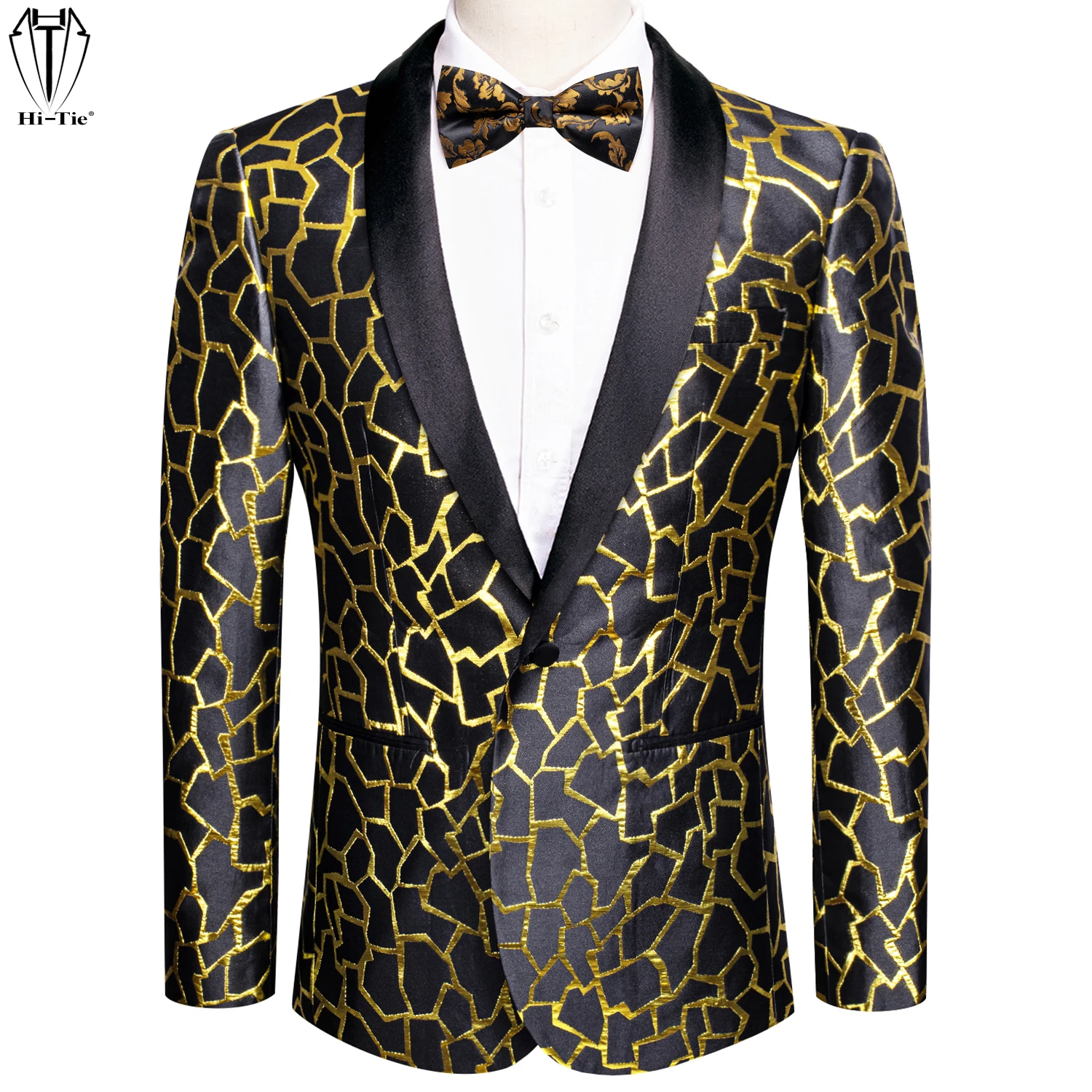 Hi-Tie Jacquard Gold Black Mens Suit Shawl Collar Tuxedo Blazers Jacket Coat With Bowtie Hanky For Wedding Banquet Stylish Gift