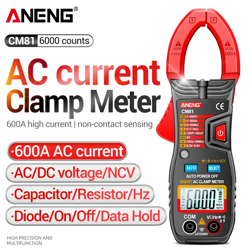

Цифровой мультиметр-зажим ANENG CM80/CM81, амперметр для измерения напряжения, емкости, бесконтактного напряжения, сопротивления, Ом