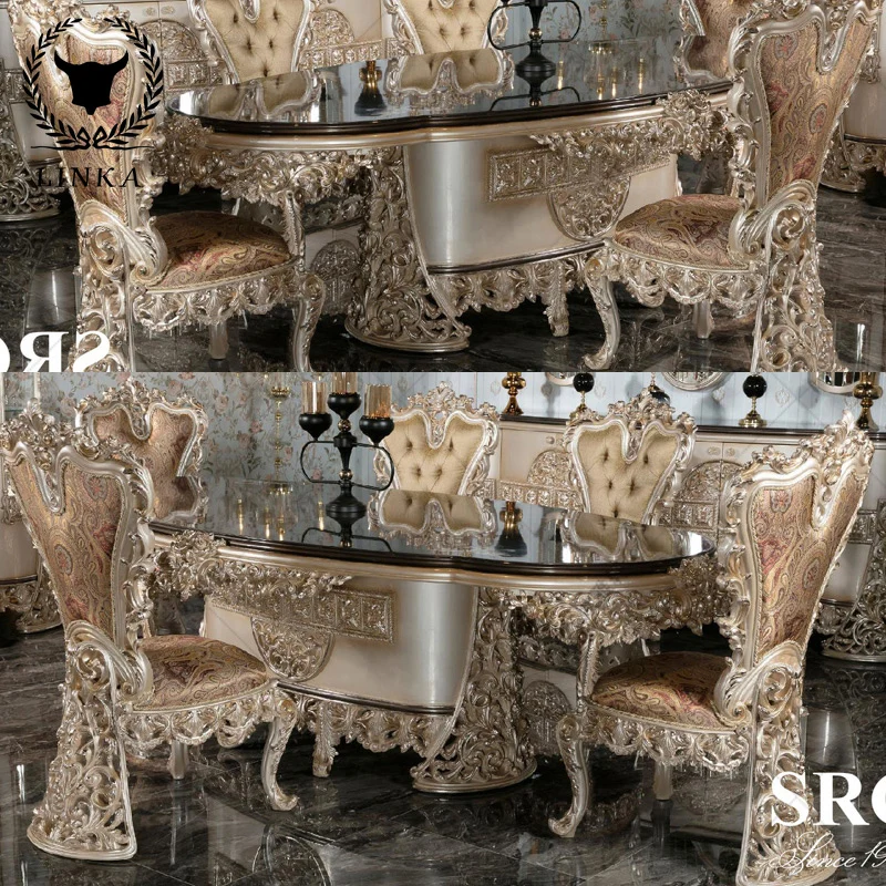 

Custom-made European long dining table luxury all solid wood carved gold foil large-sized French dining table furniture
