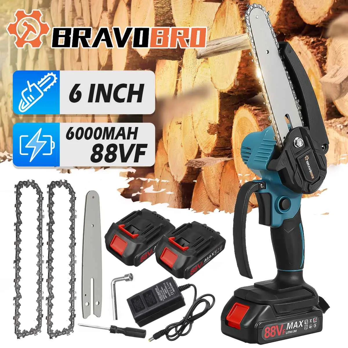 88VF 6 Inch Electric Saw Mini Chainsaw with Li-ion Battery 2pcs Chains Kit Woodworking Cutter Tool for Makita 18V by BRAVOBRO