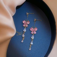 sweet pink crystal butterfly dangle earring for women 2022 korean fashion 14k gold shiny cz drop earrings wedding party jewelry