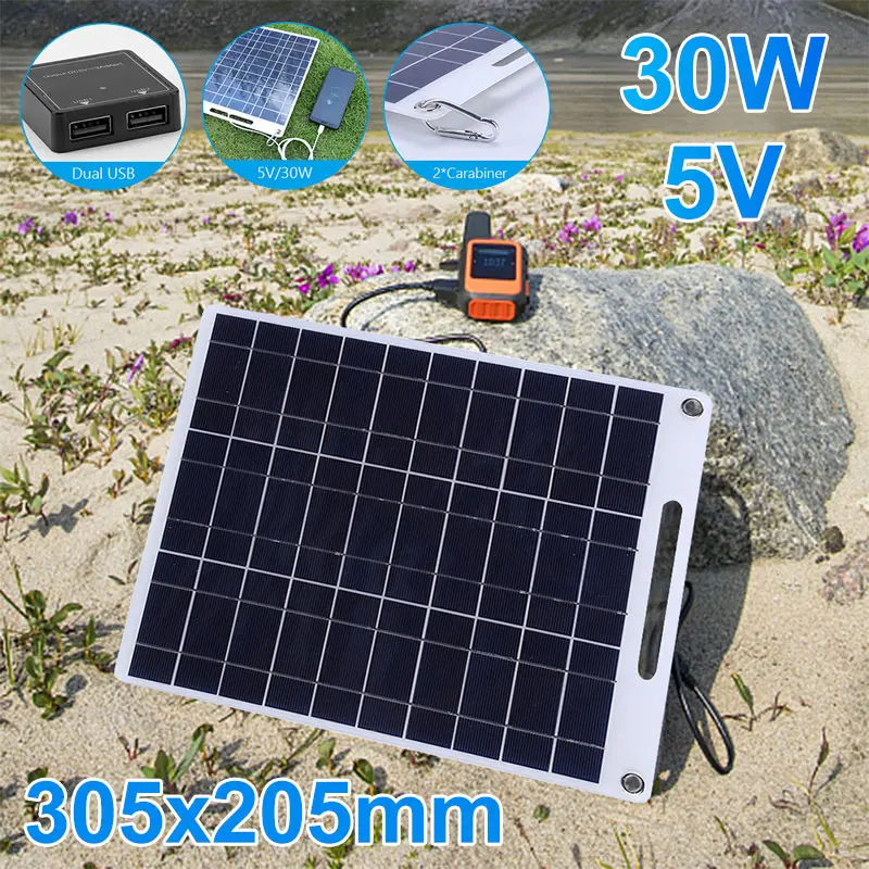 

30W 5V Solar Panel Emergency Power Dual USB for Camping Hiking Car Ship Phone Charger for 12-18V Mobile Devices/Battery