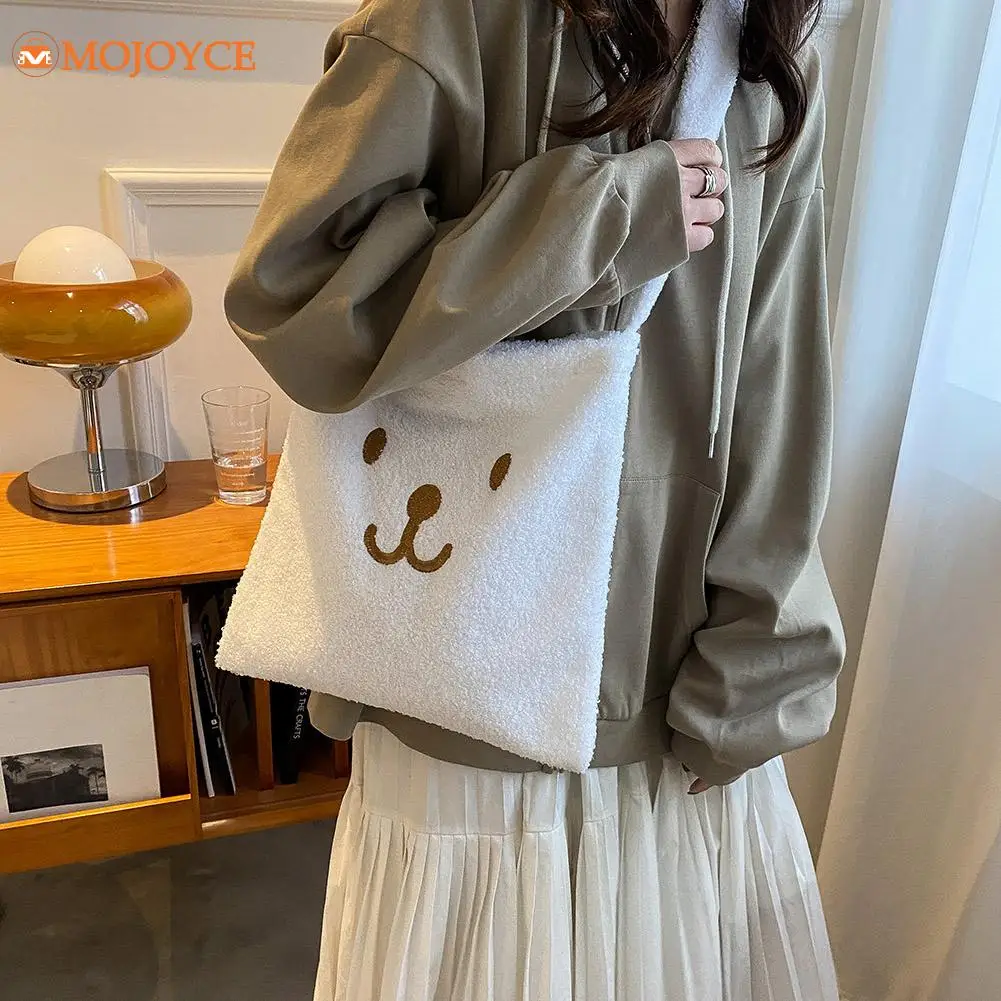 

Women Plush Lamb Wool Bear Pattern Designer Handbag Ladies Girls School Travel Shopping Bags Large Capacity Female Shoulder Bag