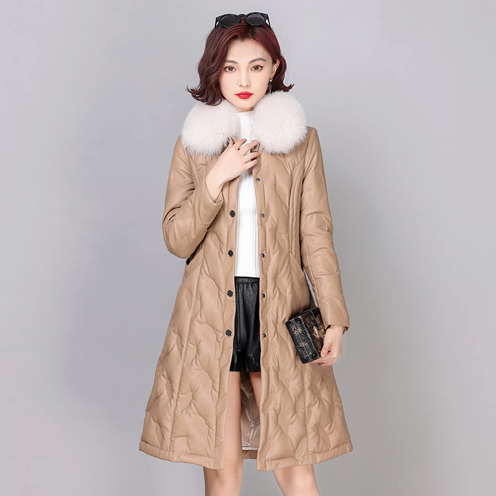 New Women Leather Down Coat Autumn Winter Casual Fashion Real Fur Collar Slim Sheepskin Down Coat Thick Warm Topcoat Female