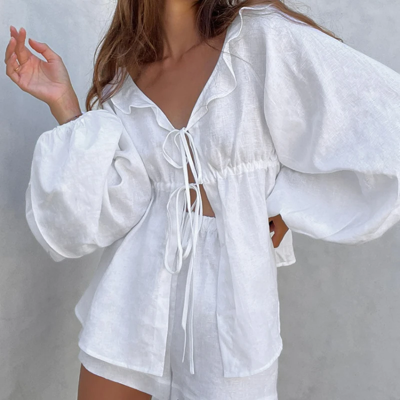 

Two Piece Sets Womens Outifits 2023 Summer New Bubble Sleeve Fashion Casual Shorts Suit V-neck Tie Ruffle Loose Homewear