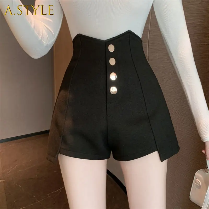 A GIRLS Shorts Women Black All-match Autumn High Waist Straight Vintage Simple New Casual Teens Style Trousers Button Retro