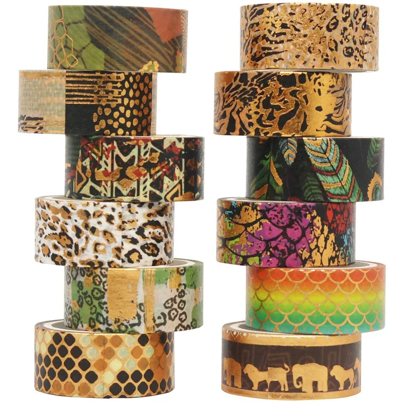

12Rolls Gold Foil Wild Animals Print Decorative Masking Tapes For DIY Crafts,Bullet Journals,Planners,Scrapbook,Wrapping