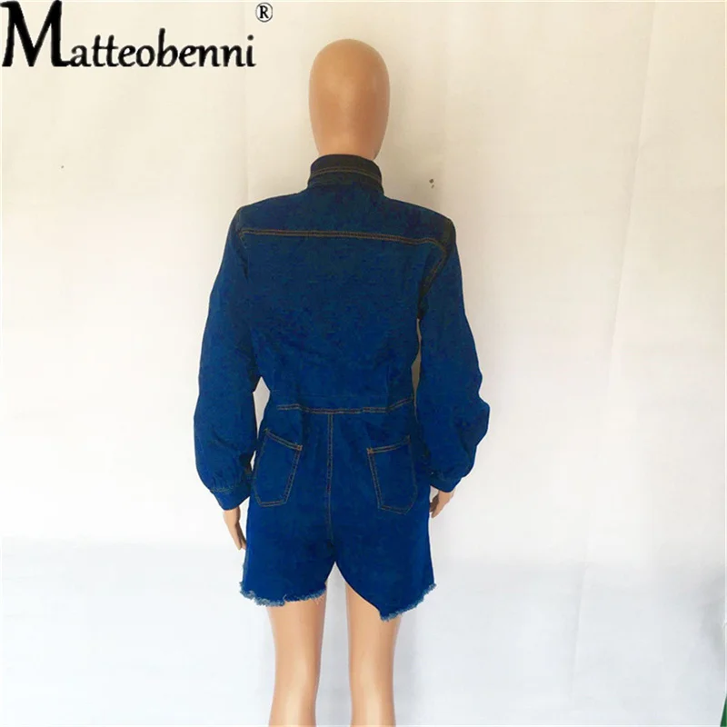 Женский джинсовый комбинезон повседневный рваный с рукавами-фонариками и бантом