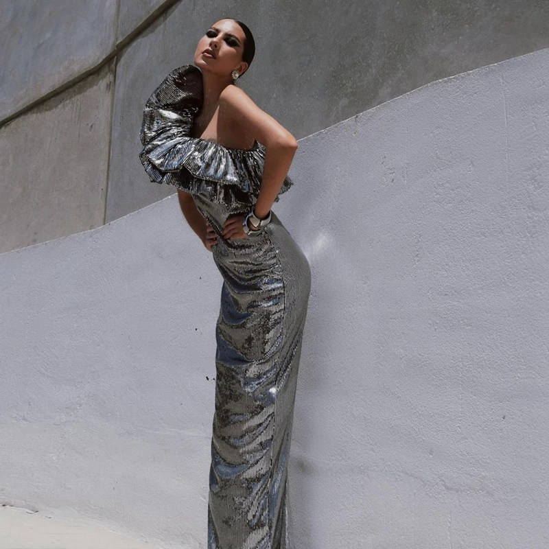 

Fashion Silver Sequined Straight Prom Dress Pretty Ruffles Sleeveless Prom Gowns Chic One Shoulder Sequins Long Evening Dresses