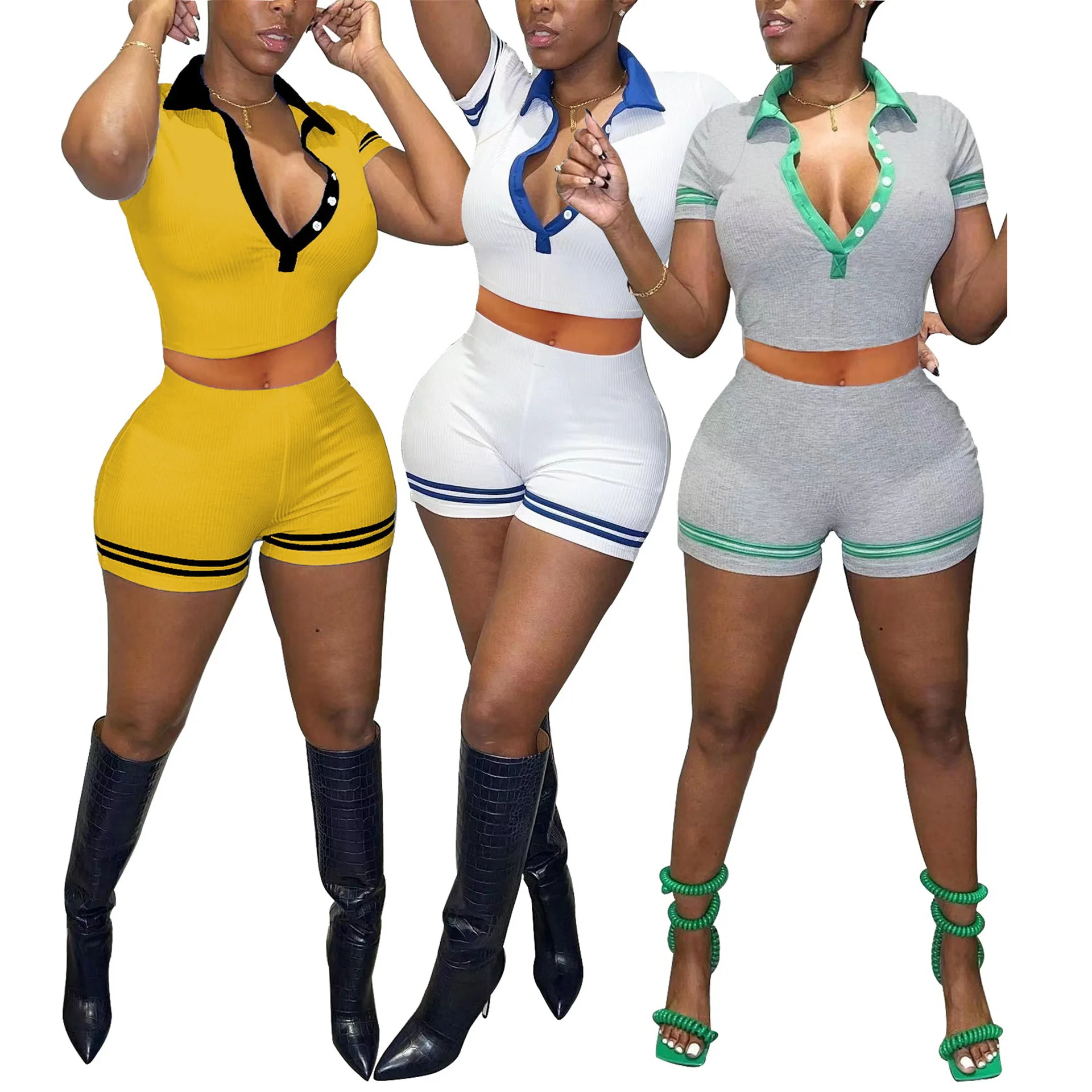 

Sexy Outfit Women Sportsuit Summer Two Piece Sets V-neck Button Up Crop Top and Shorts Sets 2 Piece Sets Outfit