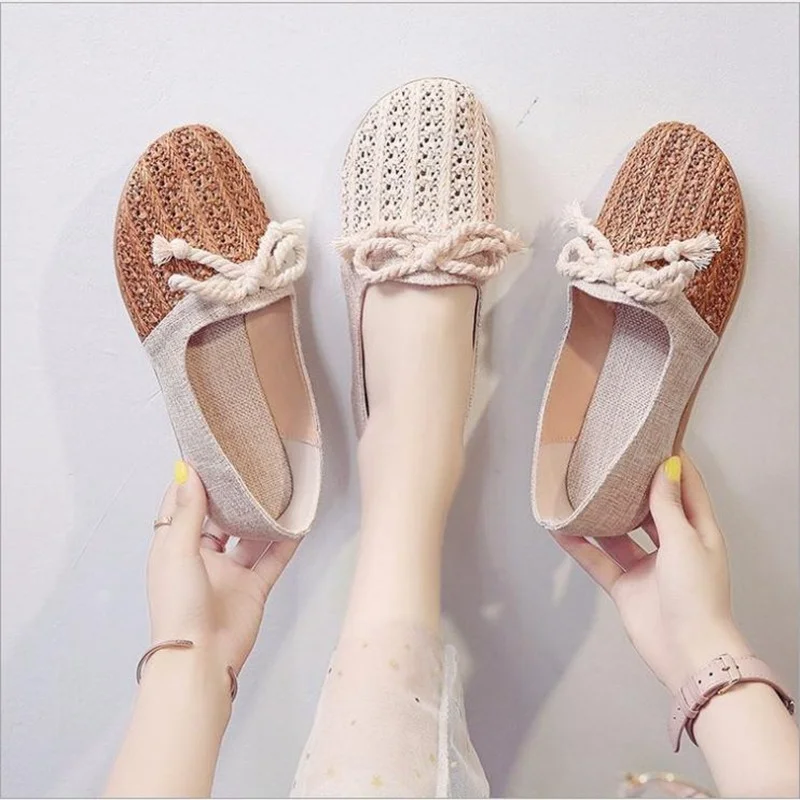 

Single Shoes Women 2022 New Round Toe Bow Weave Flat Shoes Women Breathable Casual Fashion Shallow Mouth Women Shoes