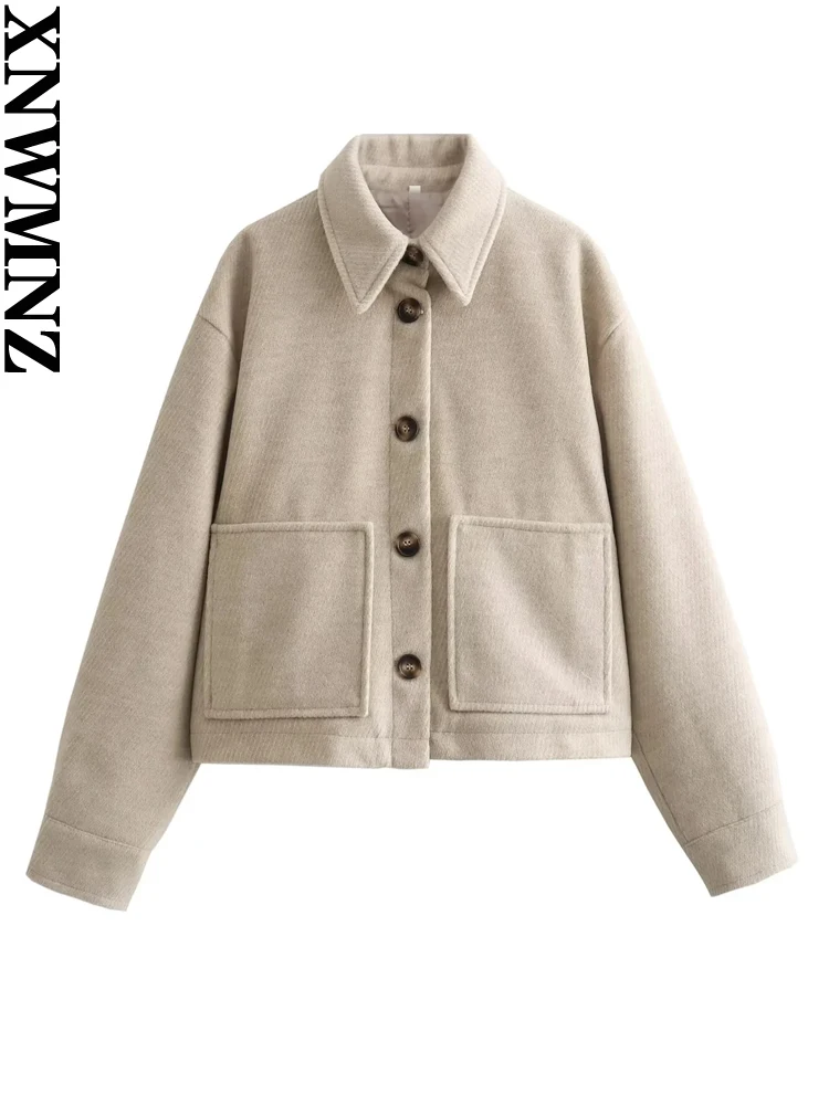 

XNWMNZ Women's Fashion 2023 Autumn/Winter Crop Blended Jacket Women Retro Long Sleeve Pocket Front Button Versatile Female Coat