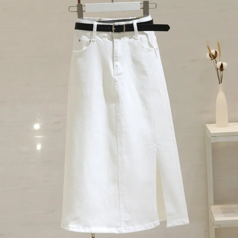 South Korea White High Waist Denim Skirt Women's Medium Long 2022 Summer Thin Line Slim Split Hip Wrap  Casual  Cotton