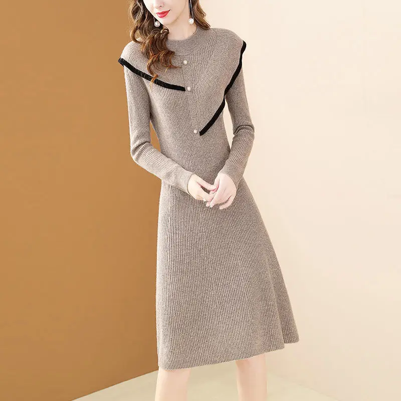 

Женское длинное трикотажное платье-свитер, однотонное свободное платье-трапеция с круглым вырезом, модель J174 на осень и зиму, 2023