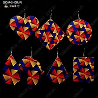 somehour fashion geometric wooden drop earrings for women gifts african ethnic fabric print plaid pattern wood dangle jewelry